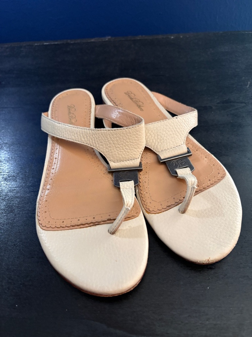 Brooks Brothers Cream & Tan Leather Thong Sandals